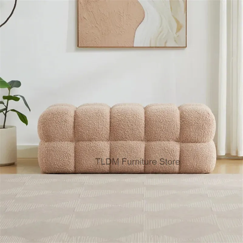 Grid Block Teddy Fleece Upholstered Bed End Bench, Double-layer Bulb Padded Design, Soft Plush Long Ottoman Stool for Bedroom