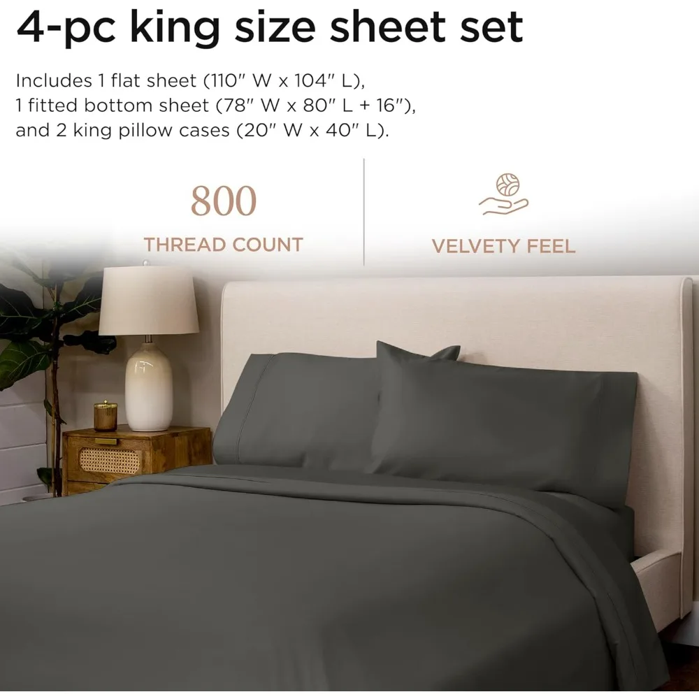 Threadmill Luxury 800 Thread Count King 100% Cotton Sheets - Dark Grey Sateen Weave Bed-Sheets, Better Than Egyptian Cotton