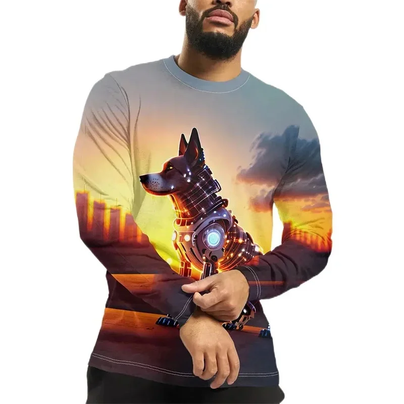 Tiger Cat Dog Pattern T-Shirt For Men Funny Animals 3D Printed T Shirts Autumn Casual Loose Round Neck Tops Tees Long Sleeves