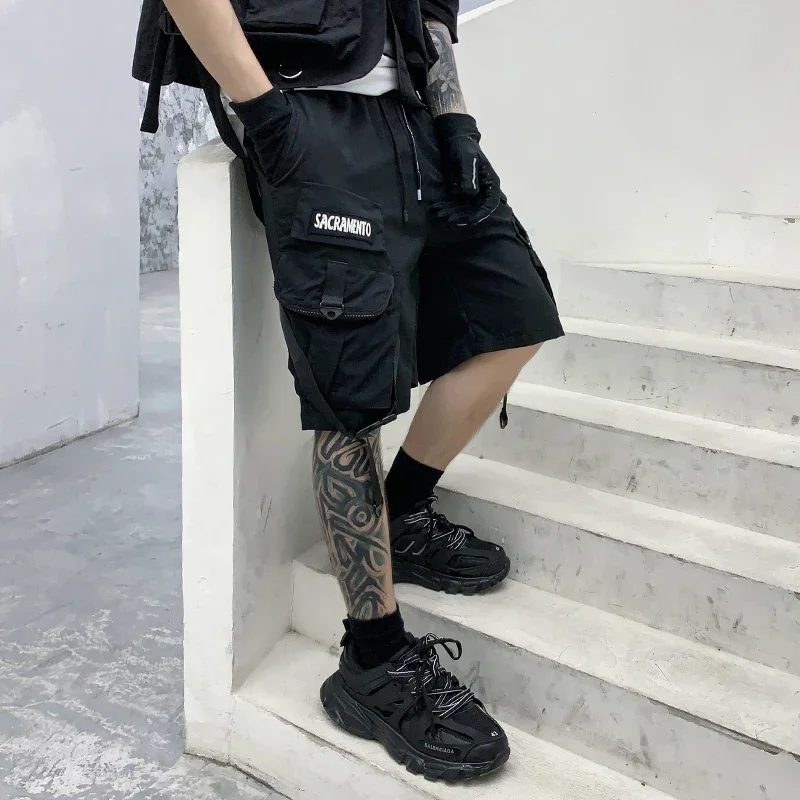 Men Black Shorts Baggy Ribbons Japanese Fashion Streetwear Hip Hop Short Male Casual Overalls