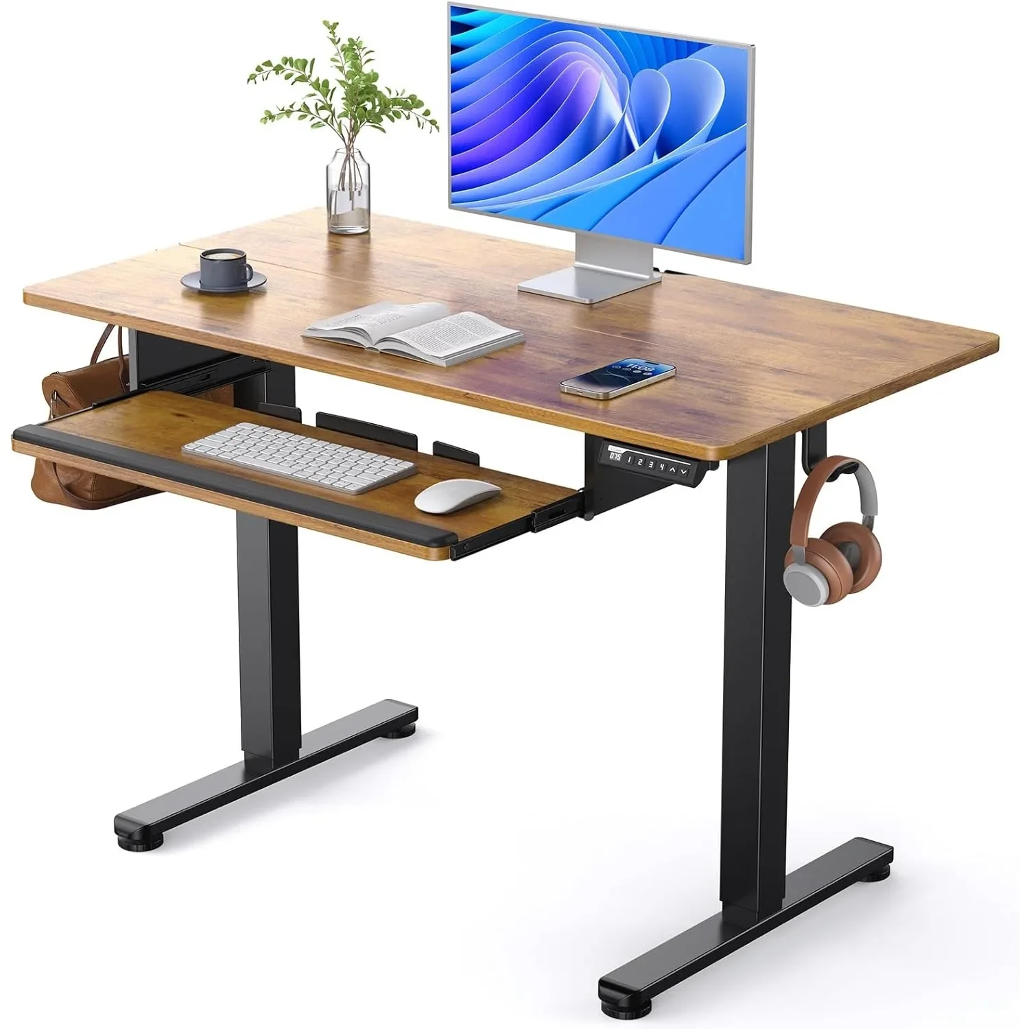 Electric standing desk, keyboard tray, 44x24 inch adjustable height sit-stand desk, Home desk computer workstation