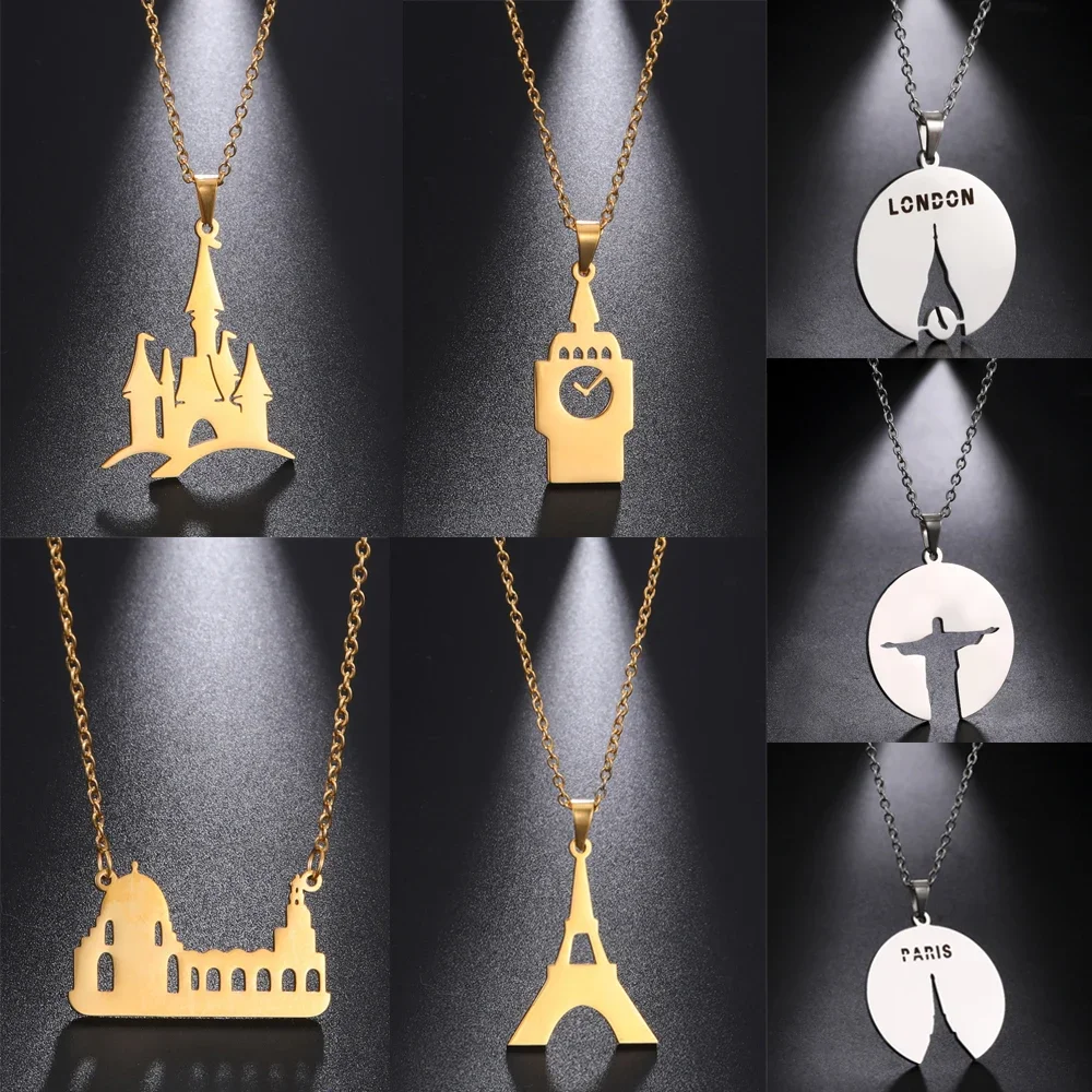 Skyrim Paris Eiffel Tower London Big Ben Necklace for Women Church Castle Landmark Building Neck Chains Stainless Steel Jewelry