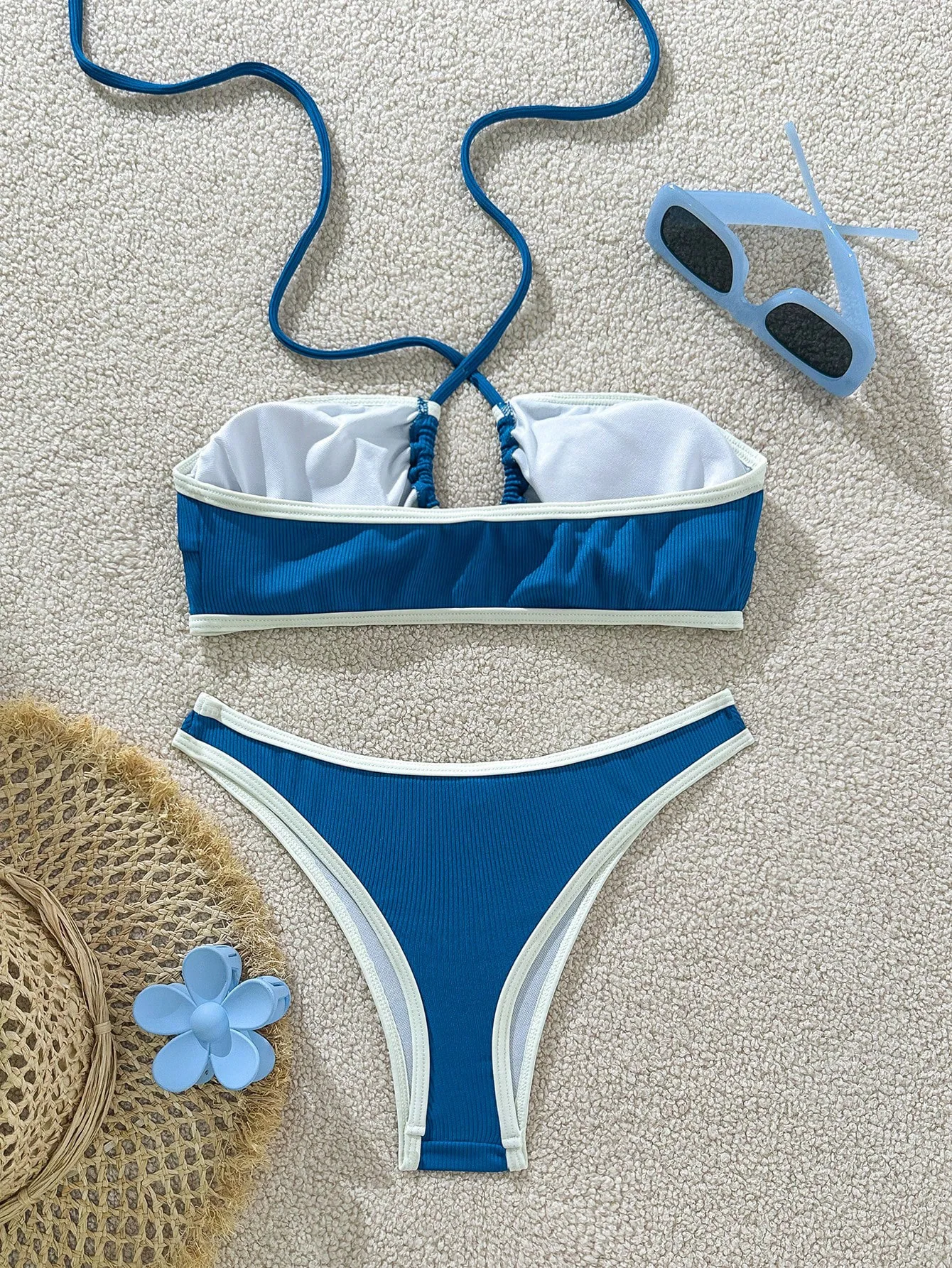 sexy blue patchwork ribbed bandeau bikinis sets two pieces halter tie thong swimsuits bathing suit swimwear biquini tankini