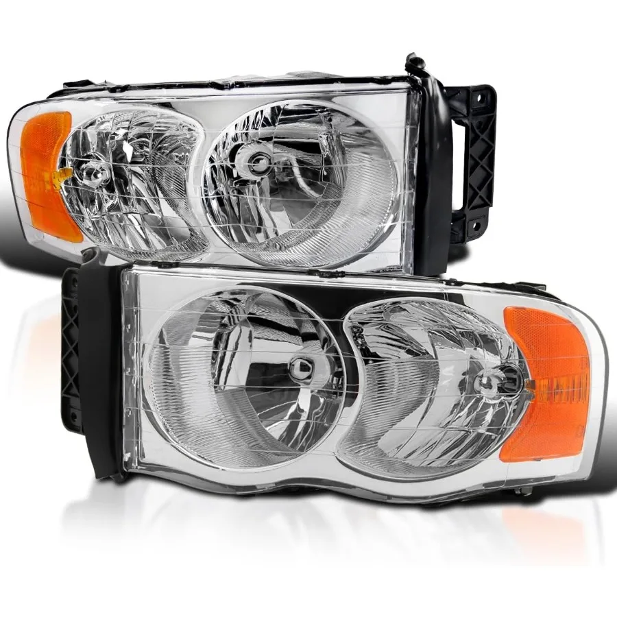 

Chrome Headlights Compatible with 2002-2005 Dodge Ram 1500 2003-2005 Ram 2500 3500 L+R Pair Head Light Lamp Assembly