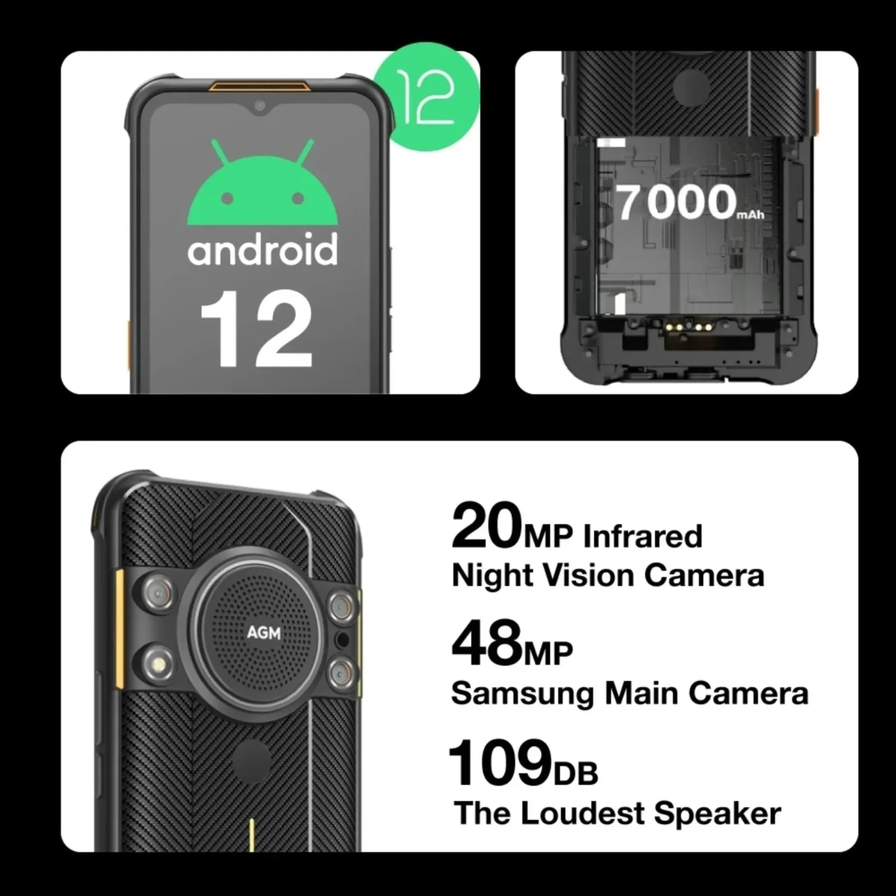 AGM H5 4G Rugged Smartphone 6.5inch 4+64GB 7000mAh IP68/IP69K  Android12 Night Vision Phone 3.5W Loud Speaker NFC Mobile Phones