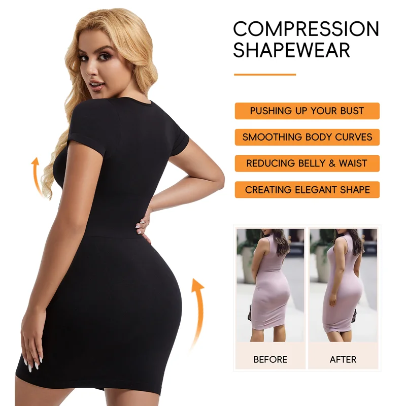 Women Seamless Dress Half-Sleeve Shapewear Skirt Tummy Control Butt Lifter Full Slips  Breathable Smooth Body Shaper