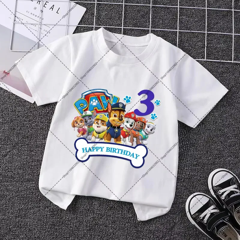 Paw Patrol Cute T-shirts Chase Skye Cartoon Anime Numbers 1-9 Printed Tee Birthday Party Clothes Comfortable Short Sleeves Gifts