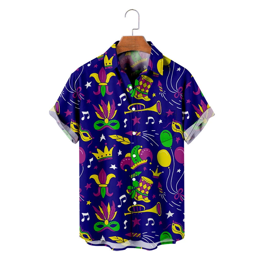 

Mardi Gras Carnival Merch Short Sleeve Shirt Men Women Beach Button-up Pocket Shirts Fashion Clothes