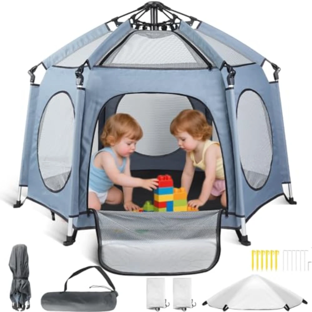

Baby Playpen with Canopy - 56"x40" Size Foldable Play Yard with Mat & UPF50 Sunshade- Portable Pop-Up Design for Indoor/Outdoor