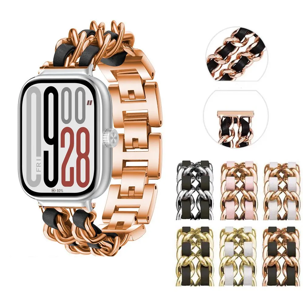 حزام ساعة جلدي أنيق بسلسلة مزدوجة معدنية لساعة Redmi 4 5 لـ Xiaomi Band 8 Pro 9 Pro