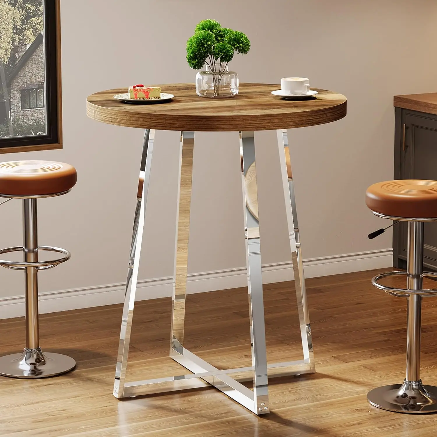 

Round Bar Table, 40.2" High Bistro Pub Table with Crossed Metal Legs, Counter Height Cocktail Table for Home Bar, Living Room