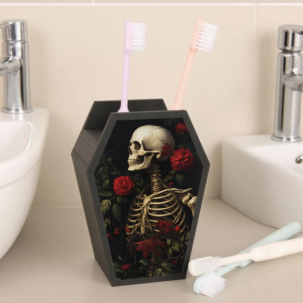 Cross-border Gothic Coffin Shaped Toothbrush Holder With Skeleton And Red Roses Print, Multi-grid Bathroom Vanity Toothpaste Too