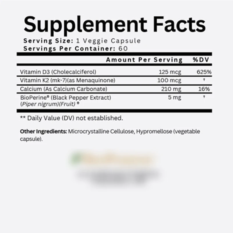 D3-K2 Maximum Absorption+- Vitamin D3+K2 MK-7, Containing Calcium and BioPerine ®， Can Enhance Bone Strength