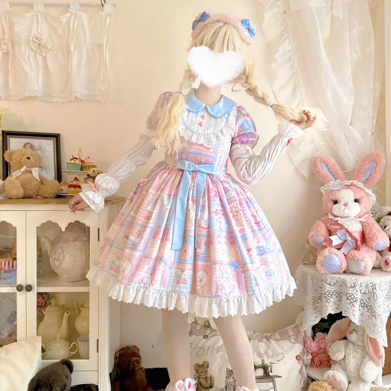 Kawaii Sweetheart Lolita OP Dress Autumn Girls Cute Lace Bow Cartoon Bunny Tea Party Dresses Women Japanses Lovely Chic Vestidos
