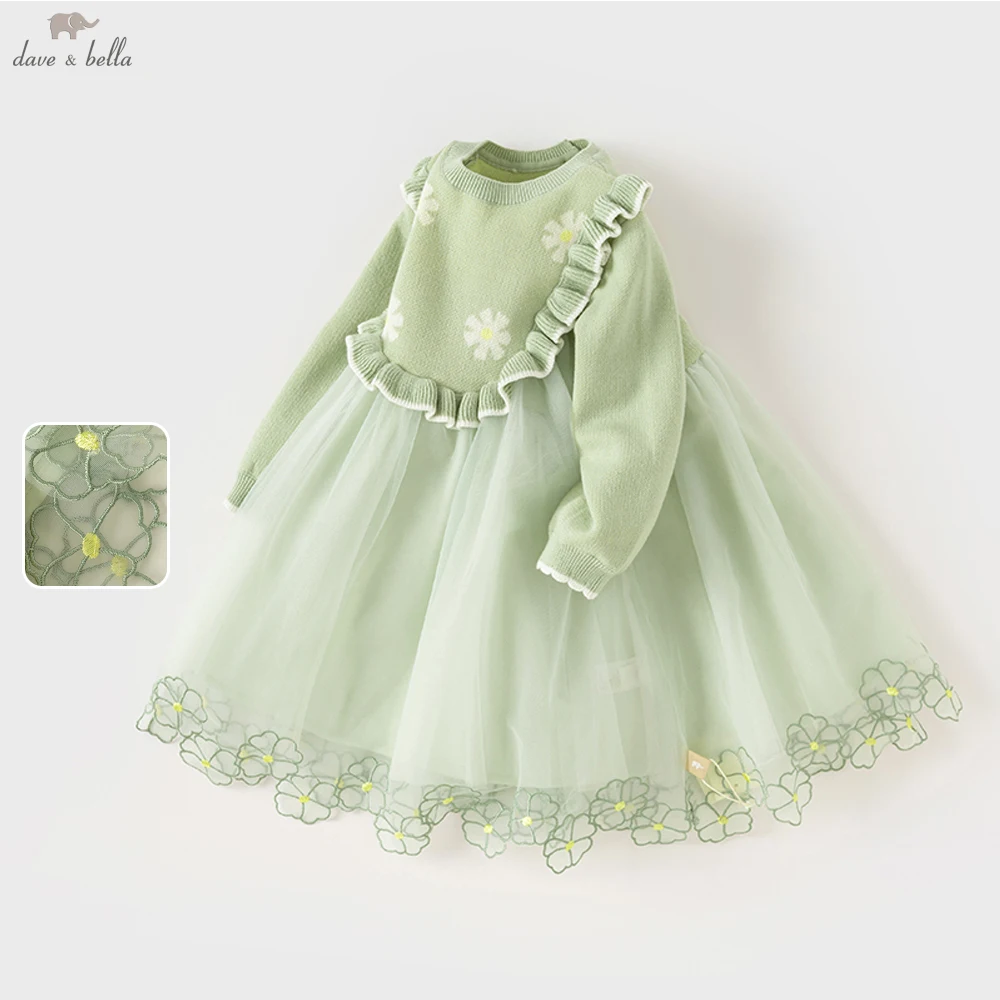 Dave Bella Winter Princess Sweater Dress Girls Long Sleeve Party Lace Mesh Dress Children Christmas Birthday Clothes DB1240201