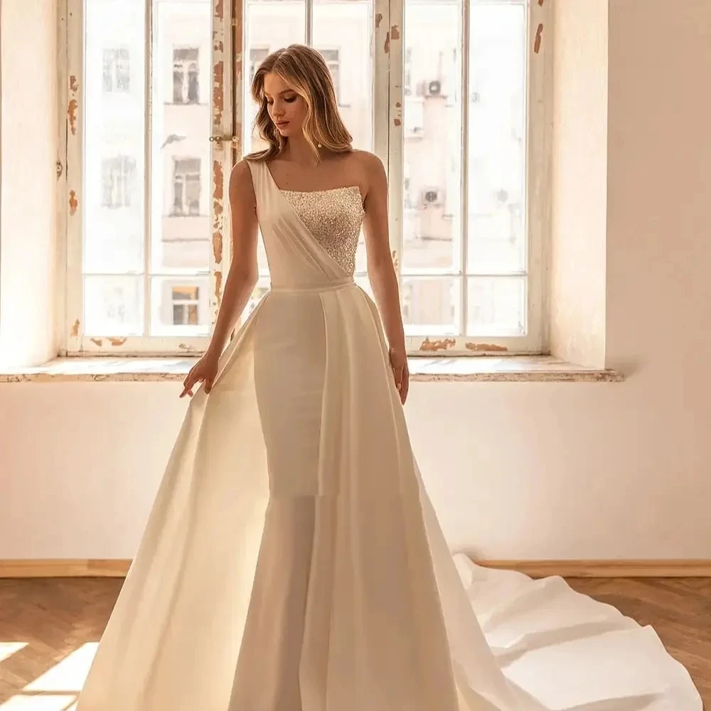 New Modern Wedding Dress Removable Train One Shoulder Beads Mermaid Bridal Dresses Church Bride Gown vestidos de novia