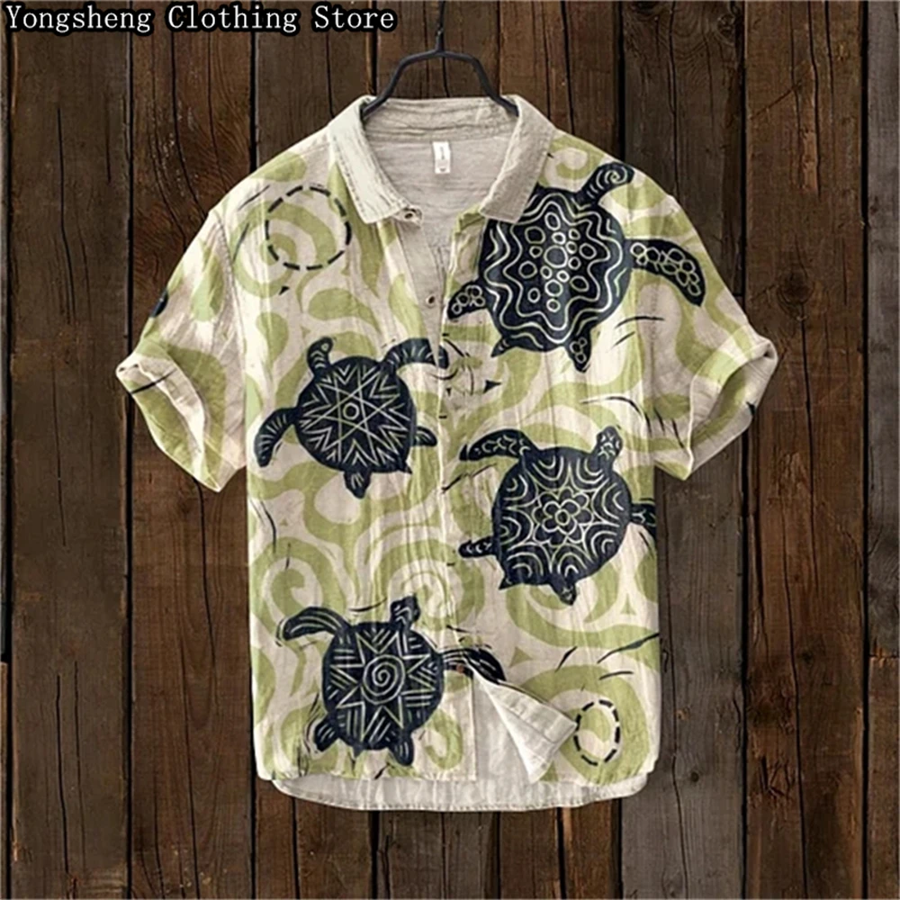 Men's Short Sleeve Linen Printed Shirt 2024 Japan Hot Selling Turtle Print Holiday Daily Casual Wear Large Size XS-5XL