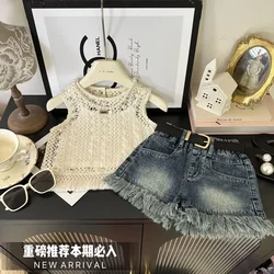 Girls Summer Set 2024 New Womens Treasure Tank Top Cowboy Shorts Three Piece Top and Pants Baby Clothes