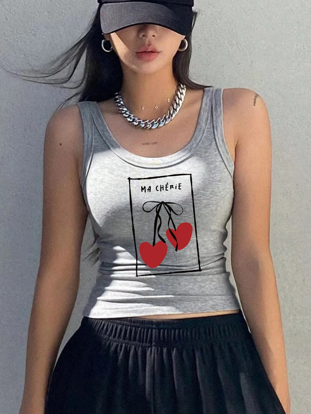 Hearts Cherry With Bows Printing Vest Summer Womens Cotton Tank Tops Korean O-Neck Soft Ribbed Knit Sleeveless Y2K Slim Singlet