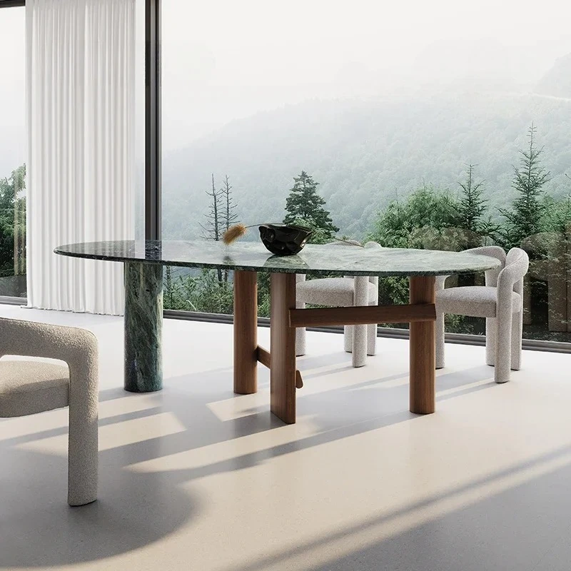 W Natural Marble Dining Table Large Flower Green Luxury Stone High-end Household Long Rice Table And Chair Combination