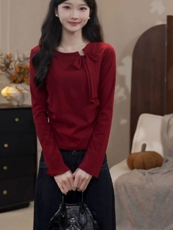 

Red Knitted Knot Base irt Women's Faion Slimming Design Autumn Winter High End Top 2025 New Sle Anti Aging