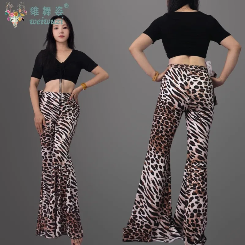 Pantalon d'entraînement de danse du ventre pour femmes, pantalon évasé à tambour, Leggings léopard Sexy, contrôle du ventre, vêtements de danse imprimés Slim