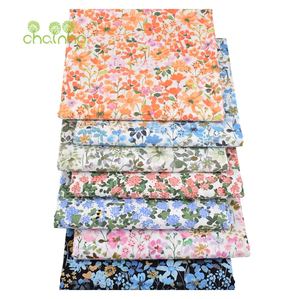 Chainho,Printed Plain Weave Poplin Cotton Fabric,DIY Quilting Sewing Material,Patchwork Cloth,Floral Series,4 Specification