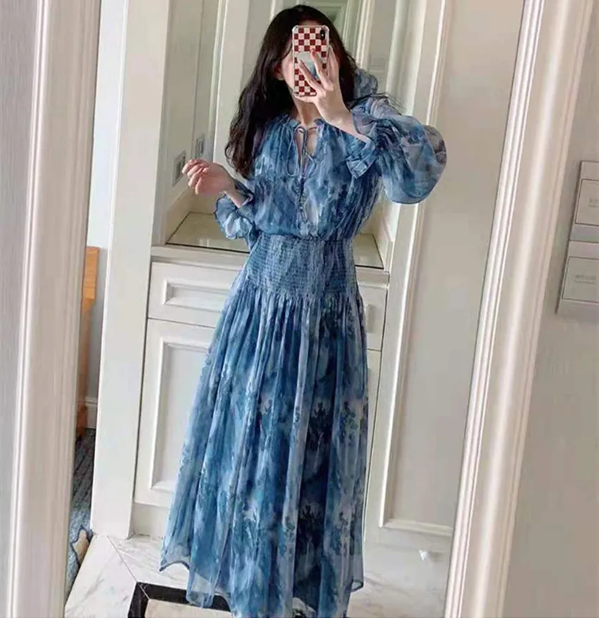 Runway French Spring Fairy Holiday Maxi Dress Women Lace Up O Neck Lantern Sleeve Flower Print Chiffon Elastic Waist Long Dress