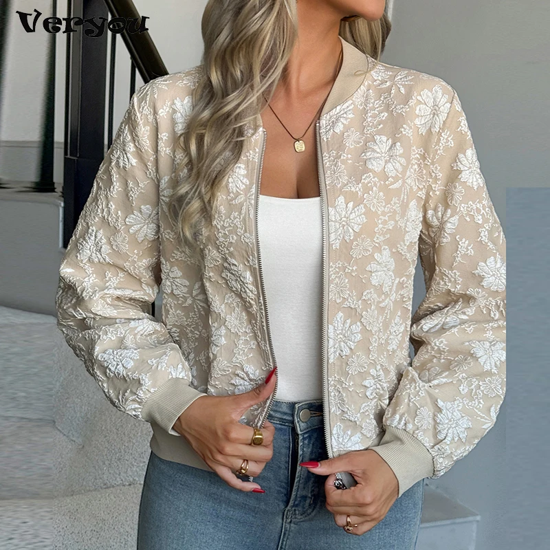 

Autumn Zipper Jacket Women 2025 Winter New V Neck Flower Jacquard Design Long Sleeve Bomber Jacket Coat Women Casual Tops