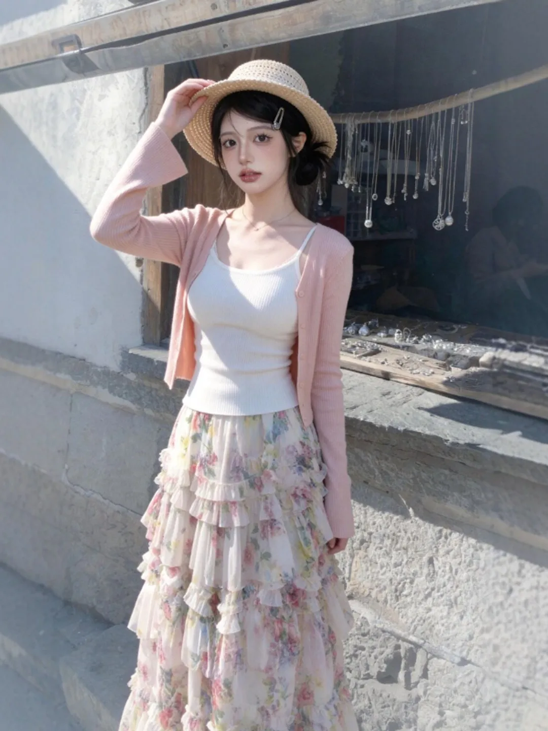 

Sweet Pink Floral ter Ne Cardigan Vest Top Skirt Set Tee Piece Gentle Sle Spring Collection Comfortable Warmth Fit
