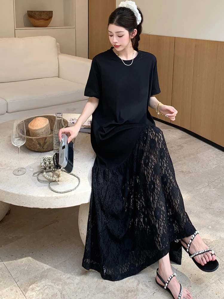 NYFS 2025 الكورية نمط المرأة فستان صيفي فضفاض حجم كبير كم قصير المرقعة هيم الدانتيل فستان طويل رداء Elbise