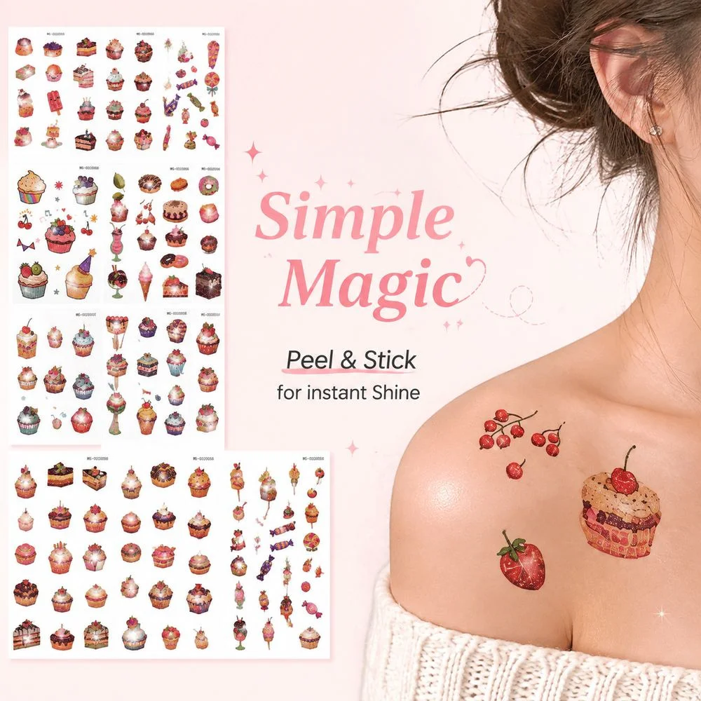 10Pcs Glitter Sweet Cake Temporary Tattoos Mixed Cupcake Donut Candy Motif Waterproof Body Stickers For Birthday Cosplay Decor