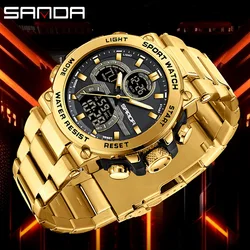 SANDA G style Men's Sport Watch Stainless Steel Strap 50M Waterproof Clock Alarm Dual Display Quartz Chronograph Watches For Men