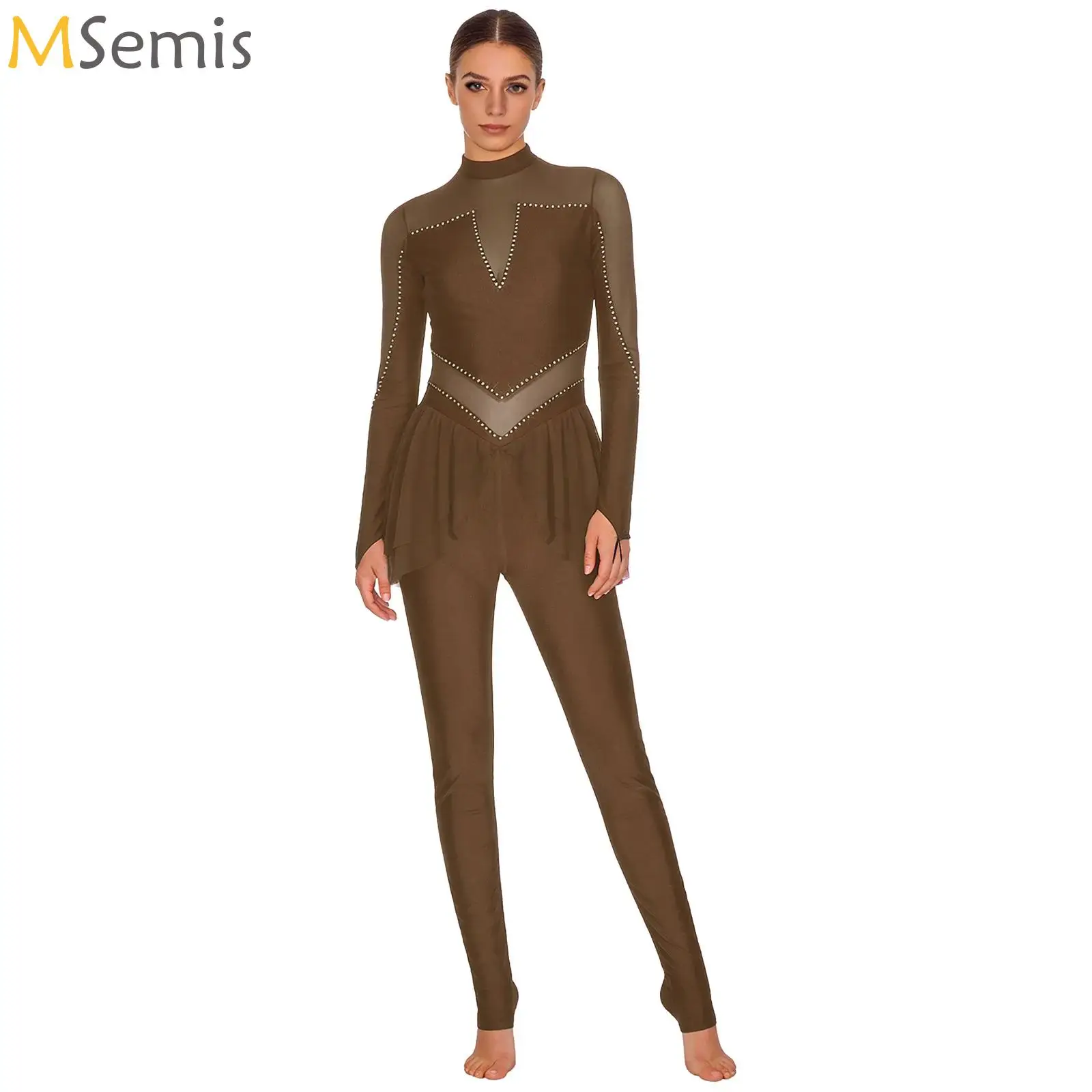 

Women Figure Skating Dance Performance Jumpsuit Dancewear Sheer Mesh Rhinestone Long Sleeve Gymnastics Full Length Bodysuit