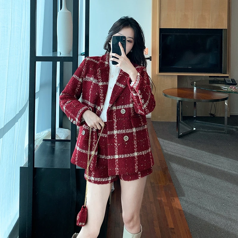 High Quality Elegant Plaid Tweed Blazer Shorts Suits Autumn Winter Outfits for Women Two Piece Business Chic Office Matching Set