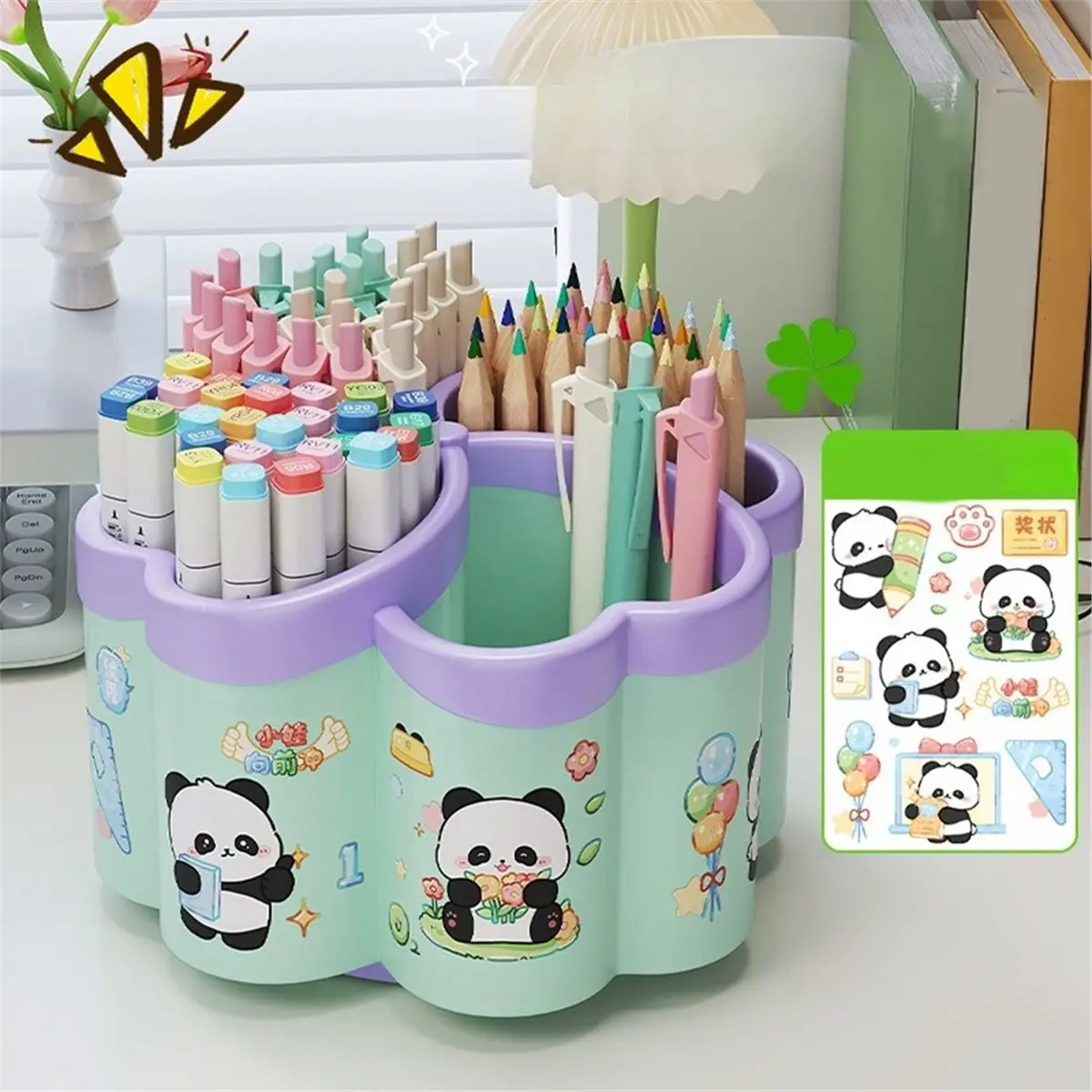 【New User-Coupon!】Panda Sticker Four-Leaf Multifunctional Rotating Pen Holder - Multifunctional Large Capacity Desk Organizer fo