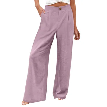 Pantaloni estivi da donna nuovi solidi a gamba larga Pantaloni sottili a vita alta con bottoni Tasca da ufficio Pantaloni casual basic per tutti i fiammiferi