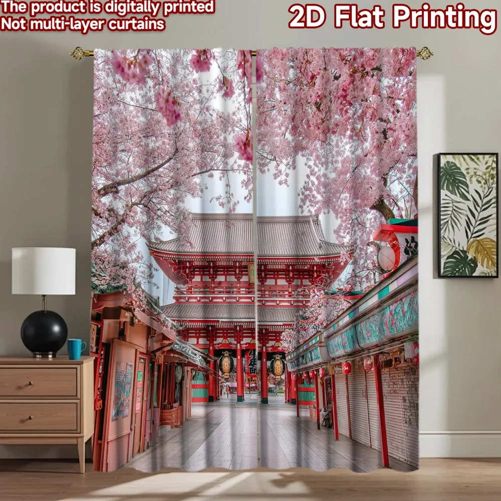 

2D flat printing 2pcs Curtain Cherry Blossom Temple Japan Digital Printed Polyester Drapes Festive Holiday Perfect for Photo
