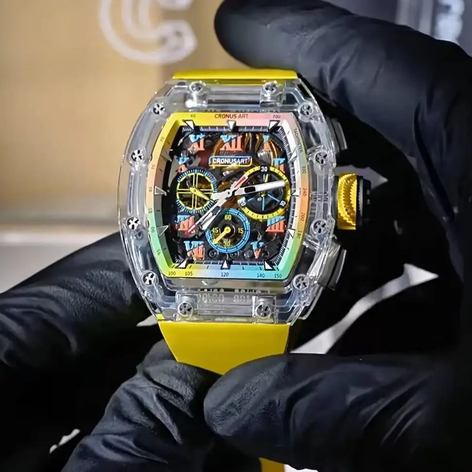 CRONUSART Men Chronograph Watch 50mm Tonneau Mechanical Wristwatch Sapphire Case & Mirror Luminous FKM Strap Skeleton Dial