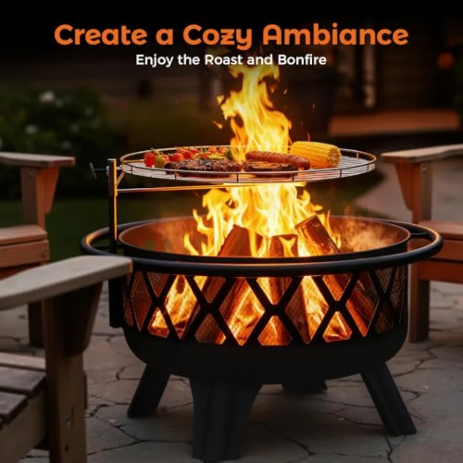 Outdoor wood burning fire pit for backyard use, steel construction, black finish, rust-resistant and portable design
