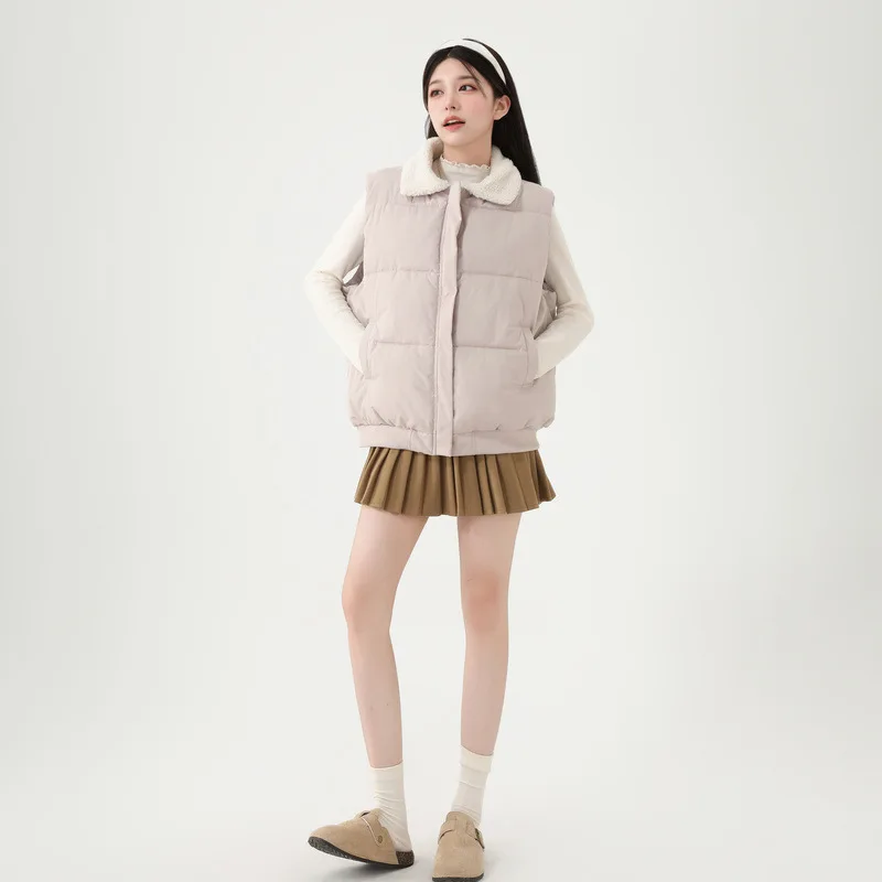 Women Parkas Vest Coats Solid Down Coats Zipper Turndown Fur Collar Sleeveless Straight Fit Thick Casual Office Lady Winter 2025
