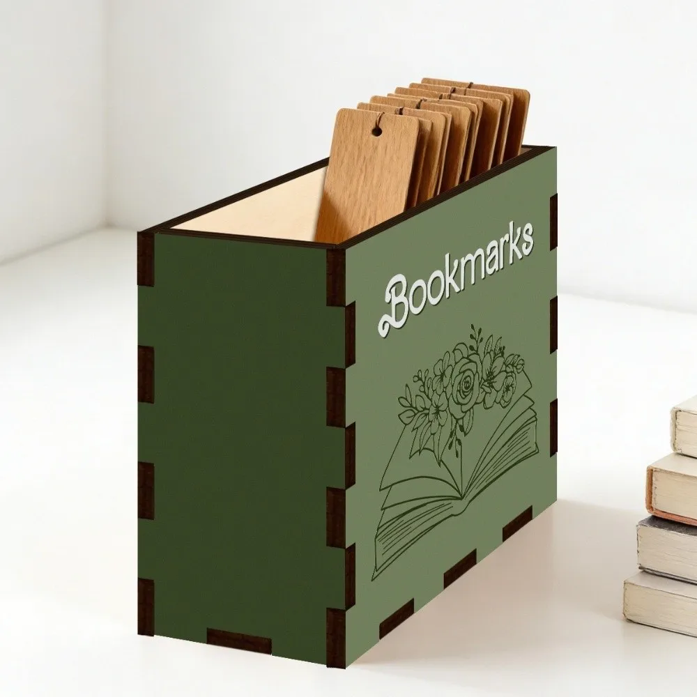 Wood Bookmark Storage Box Printed Pattern Book Shaped Desktop Storage Box Compact Pen Container Desktop Organization