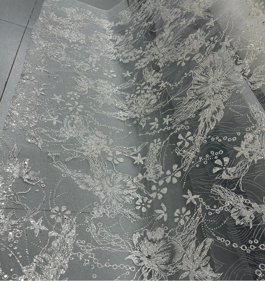 2024 Silver Lace Large Flowers Glittering Mesh Fabric Stamping Silver Spray Wedding Dress Fabric Bottom Material 150CM Wide