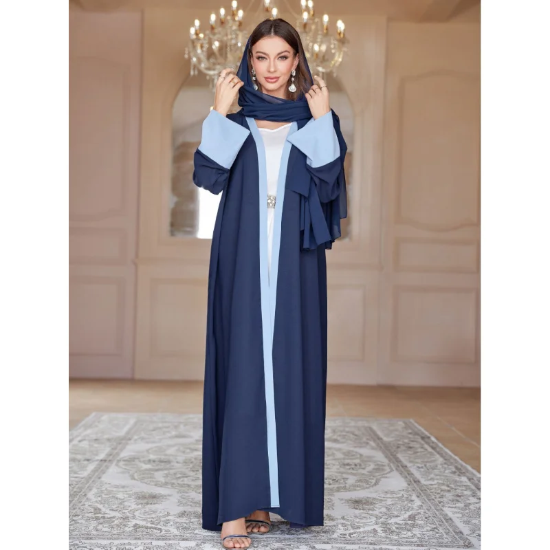 

2025 Autumn New Fashion Middle East Muslim Stitching Sleeves Cardigan Robe with Headscarf W001