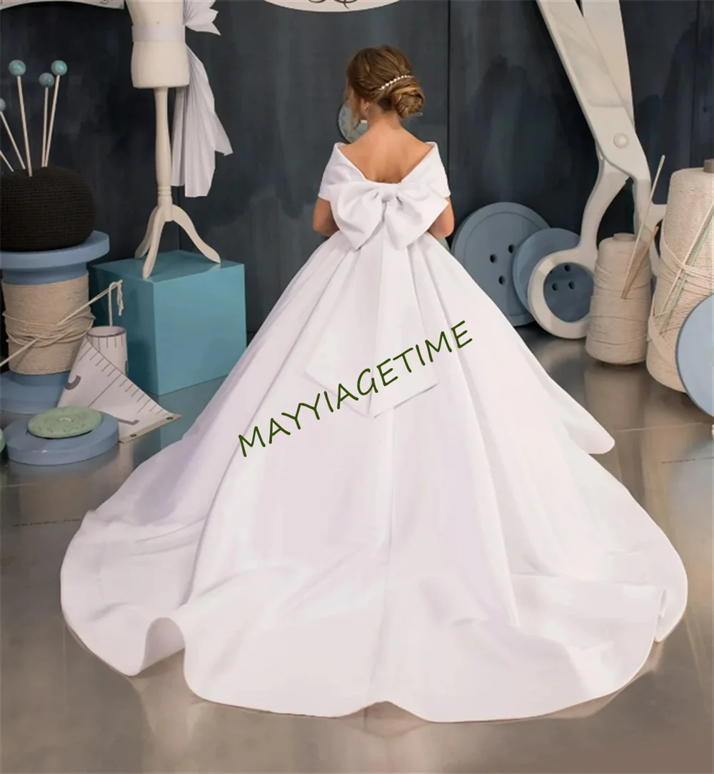 Flower Girl Dress White Satin Bow Off Shoulder Trailing Sleeveless Wedding Elegant Flower Child's Communion Birthday Party Dress