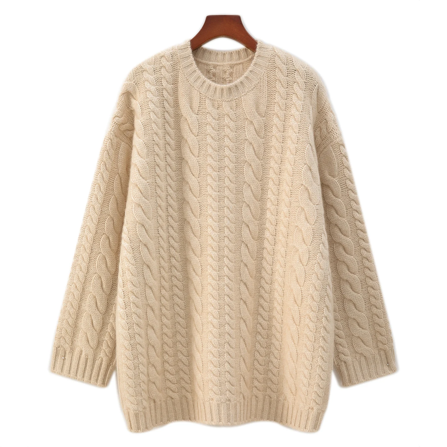 High-end luxury 100% pure cashmere women's mid-length checked loose-fitting long-sleeved sweater, twisted yarn thick sweater