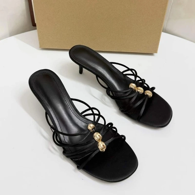Summer 2026 Women Heels Mules Metal Decoration Open-toe Comfort Casual Slides Female Fashion Narrow Band Beach Women Sandals