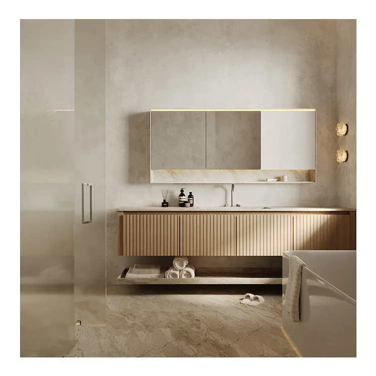 Modern Granite Marble Wood Floating Double Sink Bathroom Cabinet, Smart Mirror Stone Basin Vanity, Hotel Bathroom Furniture