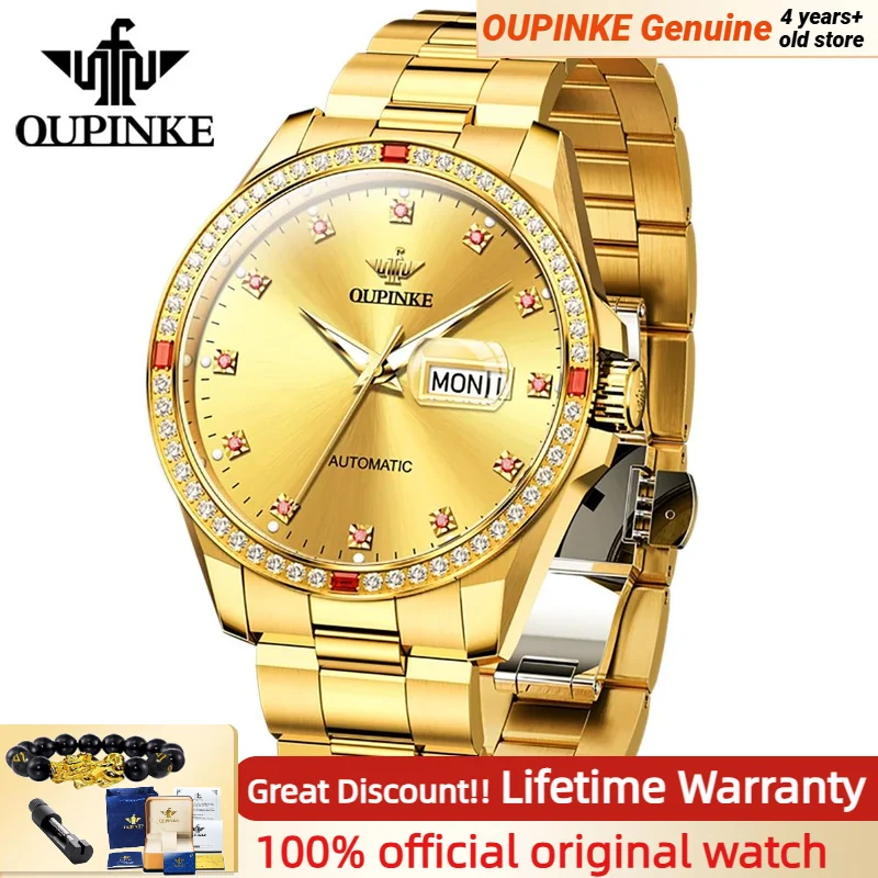 OUPINKE 3261 Gold Watch for Men Ruby Design Full Diamond Dial Luxury Calendar Wristwatches Imported Movement Clock