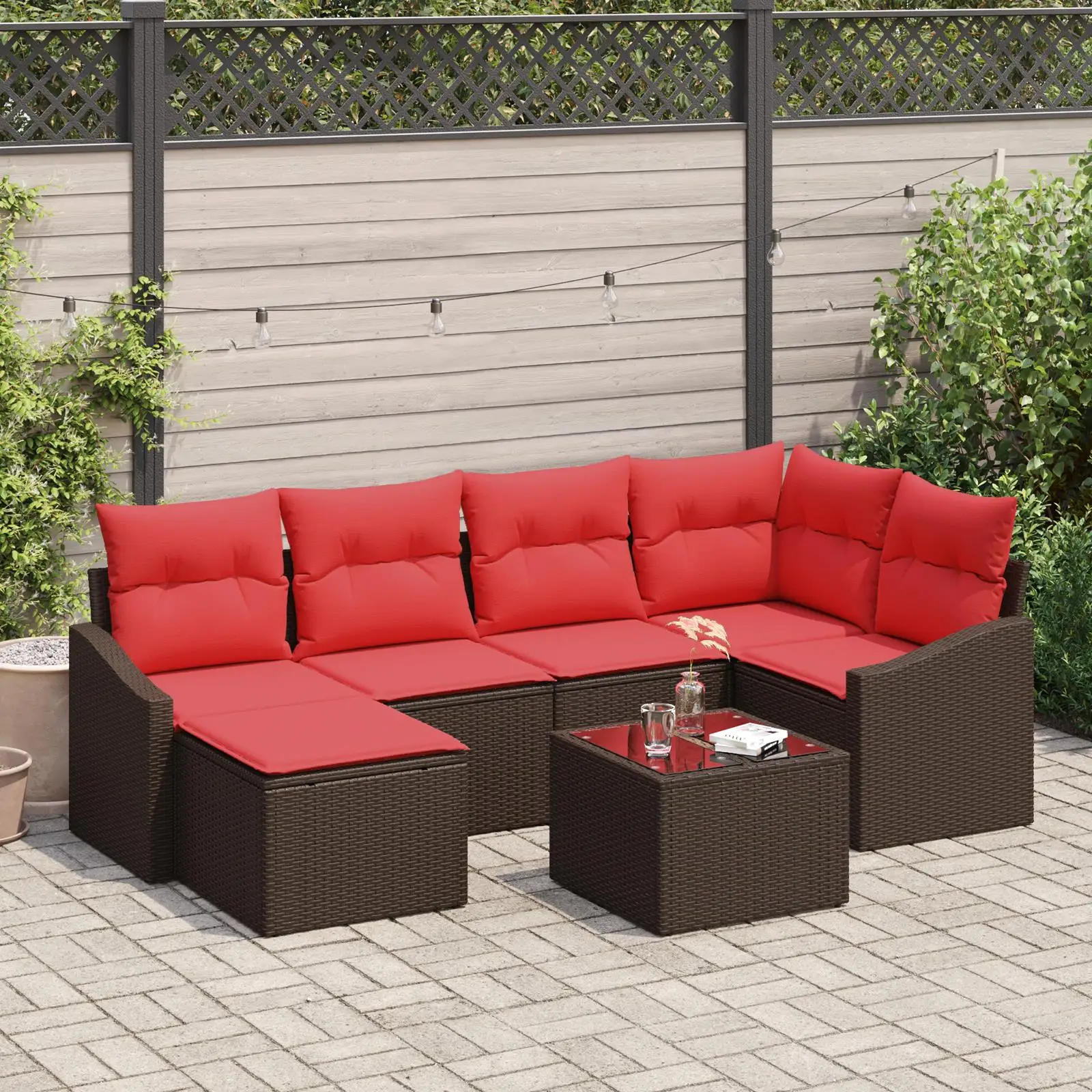 

Comfortable 7 Piece Brown Poly Rattan Garden Sofa Set with Soft Cushions for Outdoor Living Room Patio Furniture